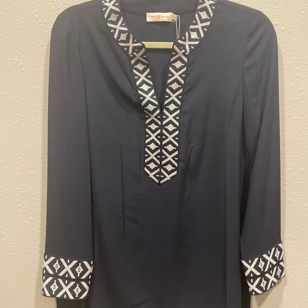 Tory Burch Dark Blue Tunic with White Geometric Trim